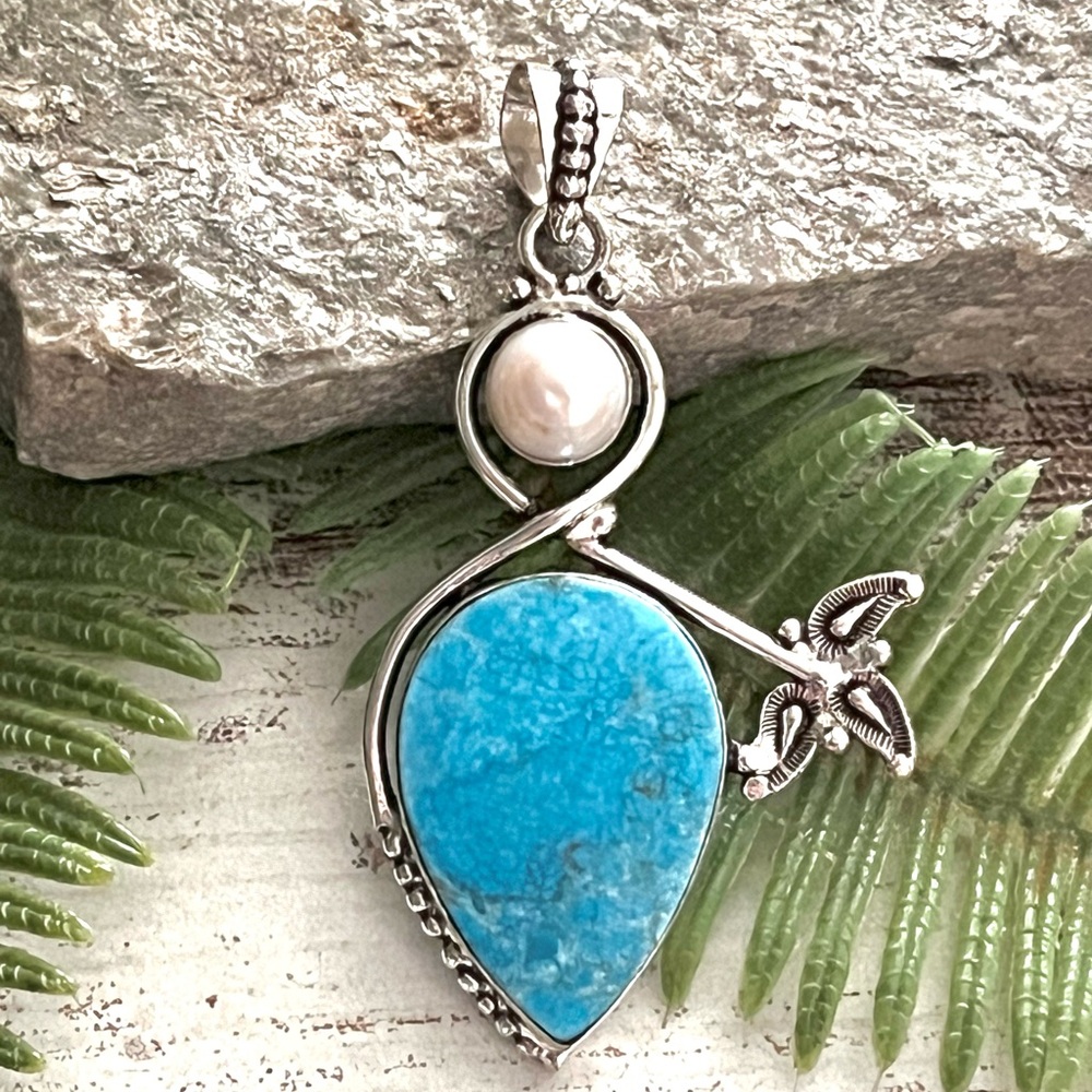 Teardrop Turquoise & Pearl Sterling Silver 2.5” Pendant#92142